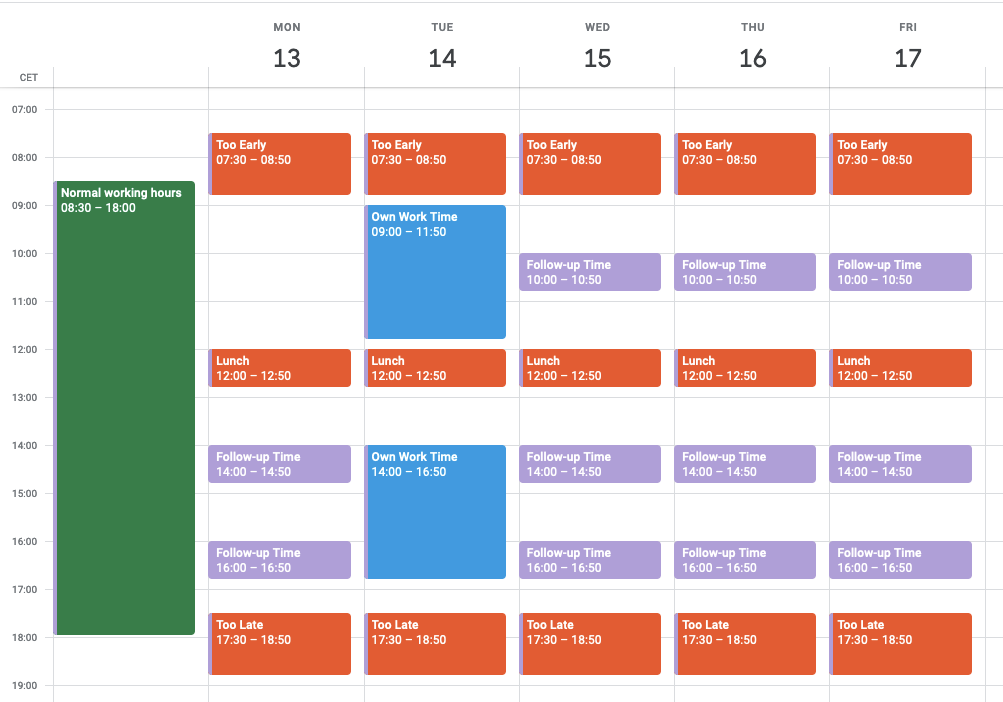 An application of Peter's Meeting Protocol. Clearly visible are working hours, too early, too late, lunch time, own work time, and time for follow up after meetings. White space are open for meeting invitations.