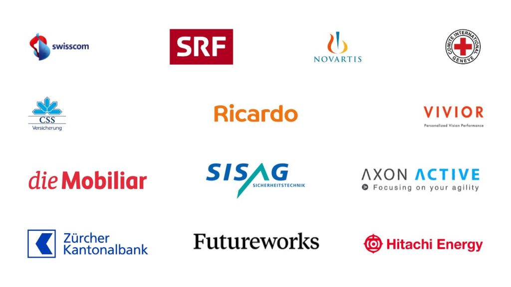 Logos of selected customers, including Swisscom, SRF, ZKB, Novartis, CSS, Ricardo and more