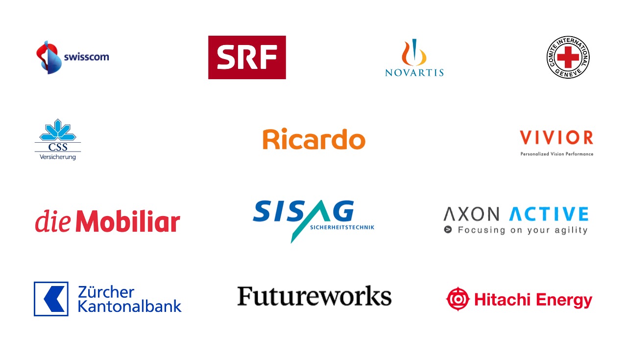 Logos of selected customers, including Swisscom, SRF, ZKB, Novartis, CSS, Ricardo and more